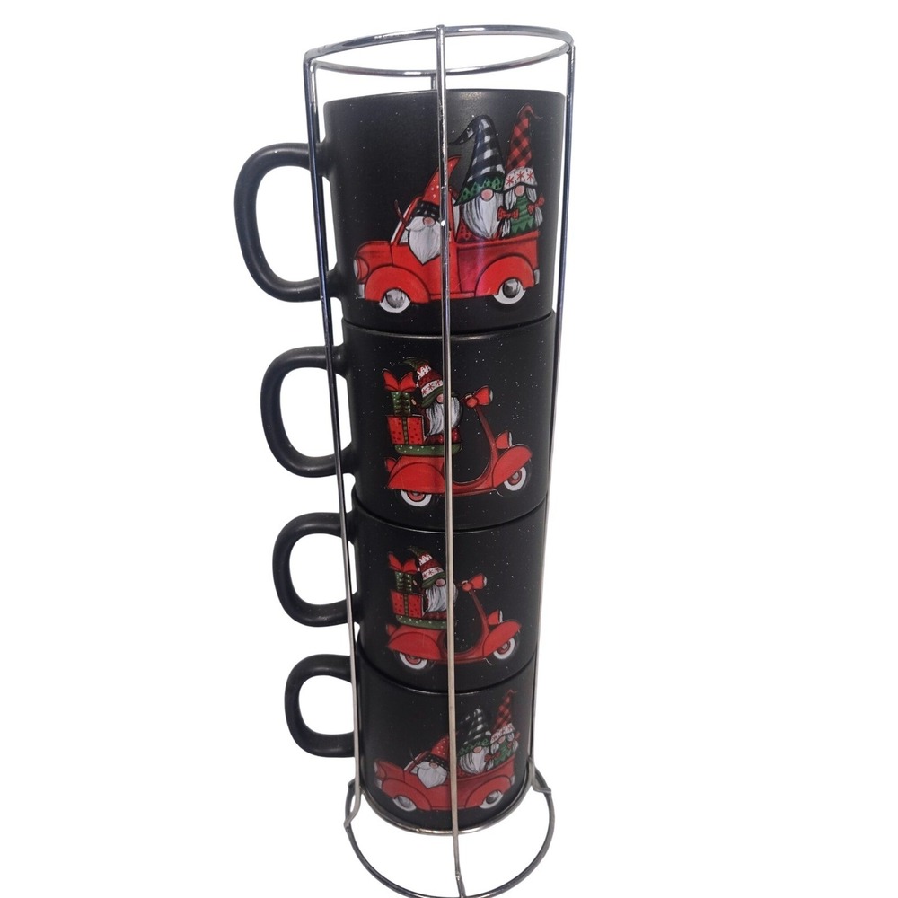 Peppermint & Pine Christmas Gnome Stacking Mug Set with Rack Black Red Truck 4pc